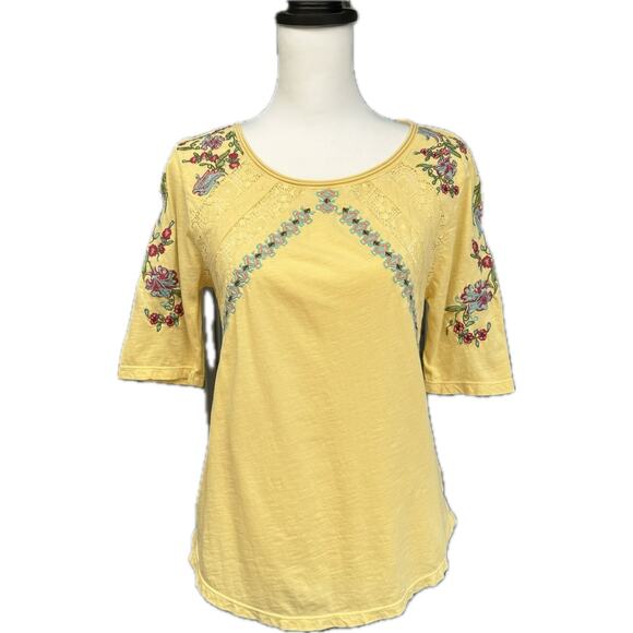 Sundance Tops - Sundance T-Shirt Boho Embroidered Cotton Lace Insert Top Women XS Butter Yellow